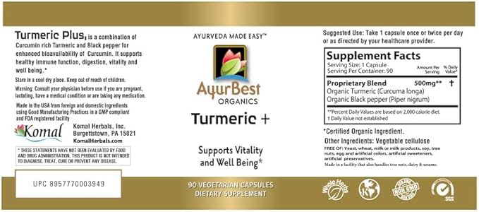 Komal Herbals Organic Turmeric Plus Capsules 500 mg with Black Pepper - Whole Root Herbal Supplement USDA Organic and Kosher Certified Ayurvedic Botanical Formula Vegetarian Capsules 90 Count