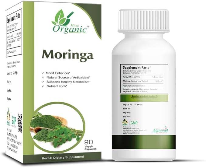 Moringa Oleifera Leaf Extract 960mg with Magnesium Stearate Venetable Cellulose (Capsules) 180 Capsules Pack of 2 (90 Pills x2)