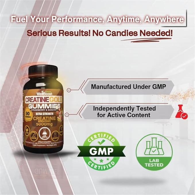 Creatine Gold – 5000mg Creatine Monohydrate Vegan Sugar-Free Gummies for Lean Muscle Growth Endurance Recovery &amp Energy (1 Month Supply) in Starwberry and Banana Flavour.