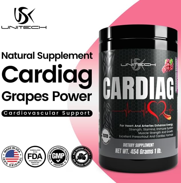 Unitech USK Cardiag Grape Powder | Natural Supplement with L-Arginine L-Citrulline Grape Seed Extract Resveratrol and Coenzyme Q10 | Grape Flavor 16 oz