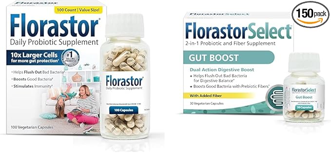 Florastor Probiotic Bundle for Digestion Gut Health – 100 ct. Probiotic for Digestive &amp Immune Health + 30 ct. Gut Boost Daily Probiotic &amp Prebiotic - Boost Good Bacteria &amp Flush Out The