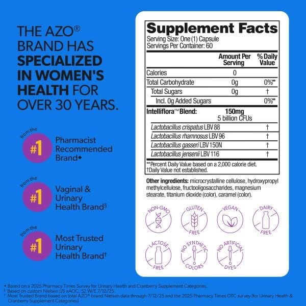 AZO Complete Feminine Balance Daily Vaginal Probiotics for Women Clinically Proven to Help Protect Vaginal Health Helps balance pH and yeast 60 Count
