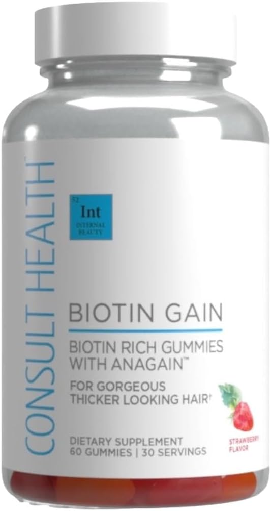 Consult Health BIOTIN GAIN Gummies with ANAGAIN - Reduce Hair Loss - Clinically Tested - 10000 mcg Biotin Vitamin B7 to Support Healthy Hair Growth Skin and Nails for Women and Men - 60 Count