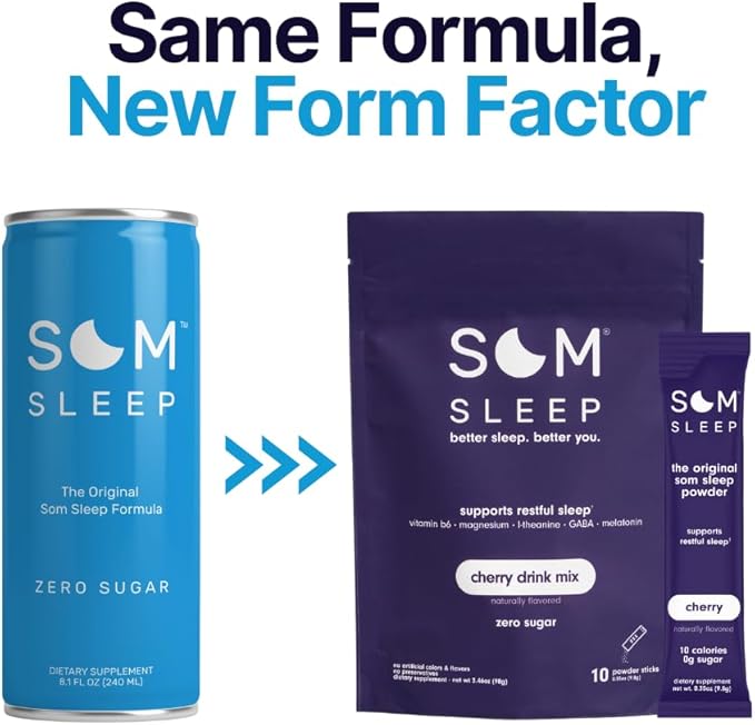 Som Sleep Restful Sleep Powder Drink Mix w/Melatonin Magnesium Vitamin B6 L-Theanine &amp GABA – Vegan Zero Sugar Keto Friendly – Cherry 20-Pack