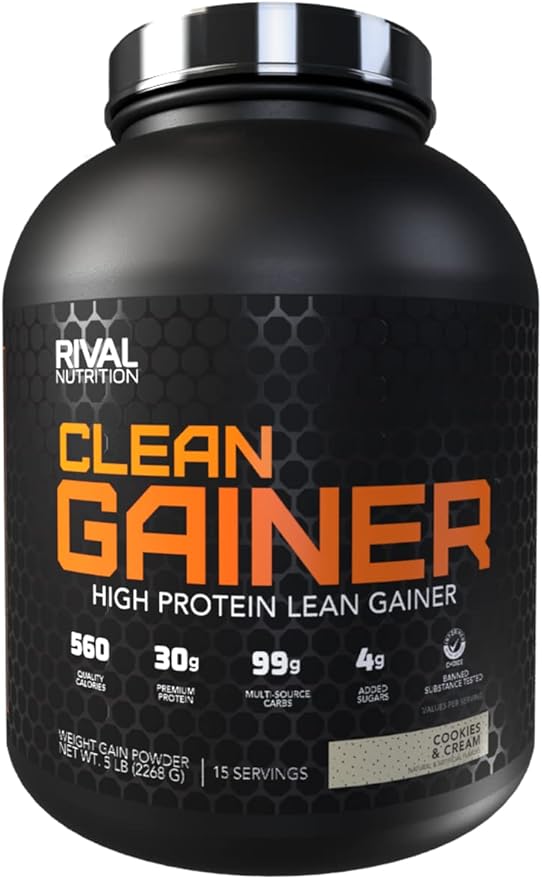 RIVAL NUTRITION Clean Gainer Protein Powder – 5LB Cookies &amp Cream – High Protein Lean Mass &amp Weight Gainer | 560 Calories 30g Protein 99g Multi-Source Carbs – 15 Servings