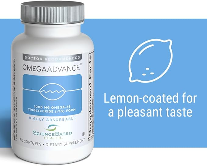 ScienceBased Health OmegaAdvance Omega-3 Fish Oil – Triglyceride Form with 1000 mg EPA &amp DHA – Plus Lutein &amp Zeaxanthin – Supports Heart Brain &amp Eye Health – Lemon Coated – 60 Softgels