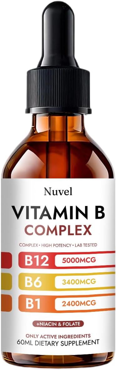 Nuvel Vitamin B Complex Drops with B12 B1 B6 5-in-1 Vitamin B Liquid Supplement for Daily Wellness