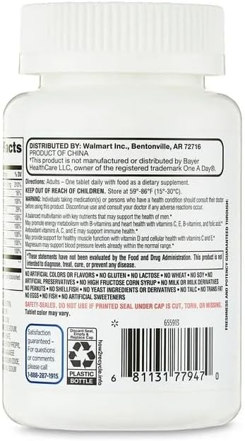 Equate One Daily Men's Multivitamin Multimineral Supplement Tablets 100 Count Sticker