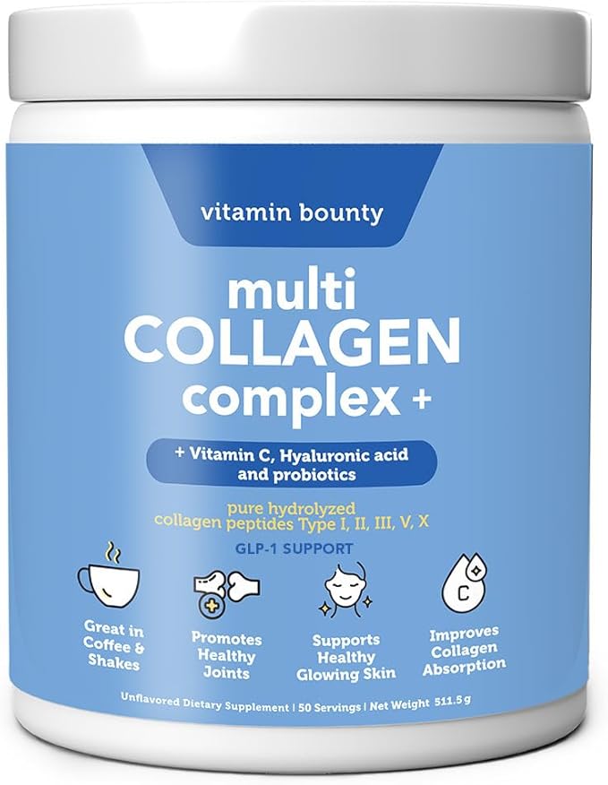 Vitamin Bounty Multi Collagen Peptides Powder for Men &amp Women (Complex Plus) - 5 Types Hydrolyzed Collagen Protein - Probiotics Vitamin C &amp Hyaluronic Acid - Grass Fed Bovine Supplements 50