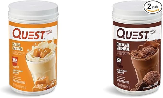 Quest Nutrition Salted Caramel Protein Powder 26g Protein 1g Sugar Low Carb Gluten Free 1.6 Pounds 24 Servings &amp Chocolate Milkshake Protein Powder 22g Protein 2g Net Carbs 1g Sugar