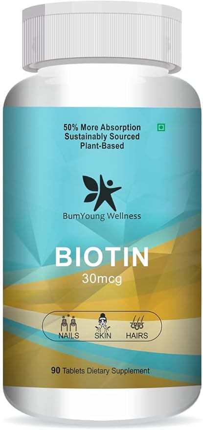 Biotin 30mcg Supplement for Hair Growth Strong Hair and Glowing Skin Fights Nail Brittleness 90 Tablets