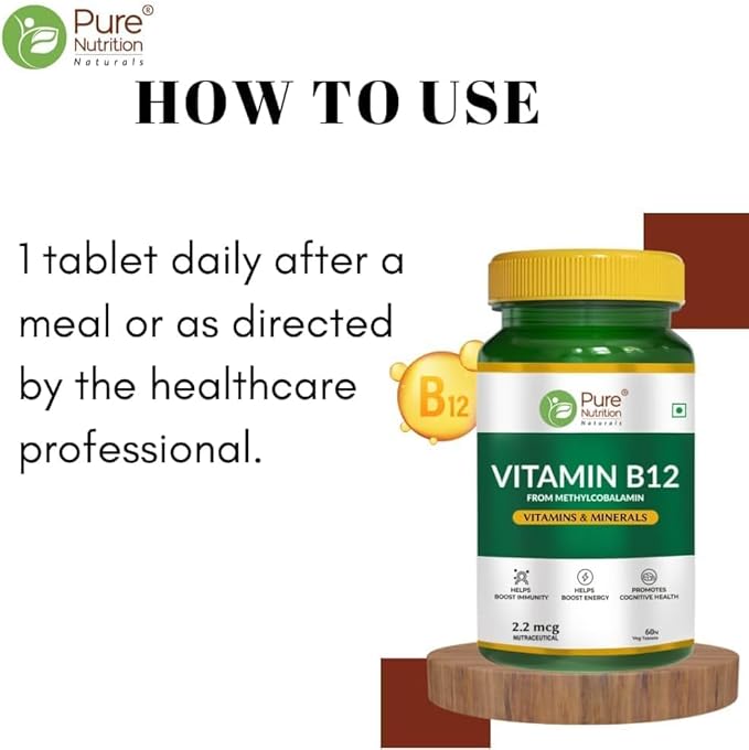 Vitamin B12 (2.2mcg) Tablets | Active Form of Methylcobalamin B-12 Supplement for Men &amp Women | Helps Boost Immunity &amp Energy | Promotes Brain &amp Nerve Health - 60 Veg Tabs
