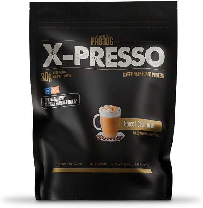 ATHLEAN-X PRO-30G Xpresso Premium Caffeinated Protein Powder Spiced Chai Latte Gluten-Free Low Sugar 30g of High Protein Powder for Muscle Recovery &amp Growth NSF Certified for Sports