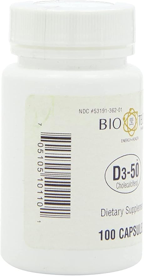 Bio-Tech Pharmacal D3-50 50000 IU 100 Capsules Ð All-Natural Supplement Ð Supports Bone Heart Neuromuscular &amp Immune Health Ð No Dairy Fish Gluten Peanut Shellfish &amp Soy