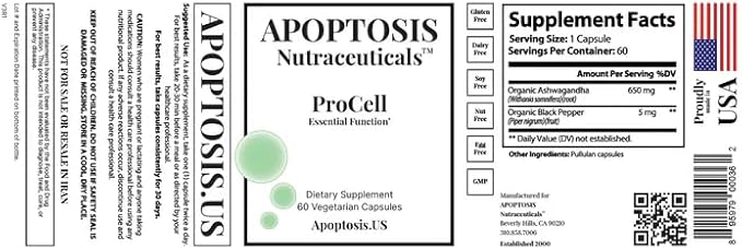Apoptosis ProCell – Organic Ashwagandha &amp Black Pepper Extract Supplement – Cellular Health Mood &amp Stress Support – 60 Capsules – Made in USA