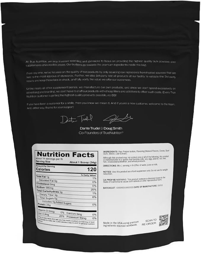 True Nutrition Pea Protein Isolate Powder - 25g Vegan Plant Protein per Serving - Non-GMO Gluten Free Dairy Free Soy Free - Chocolate Fudge Brownie - 2 lb