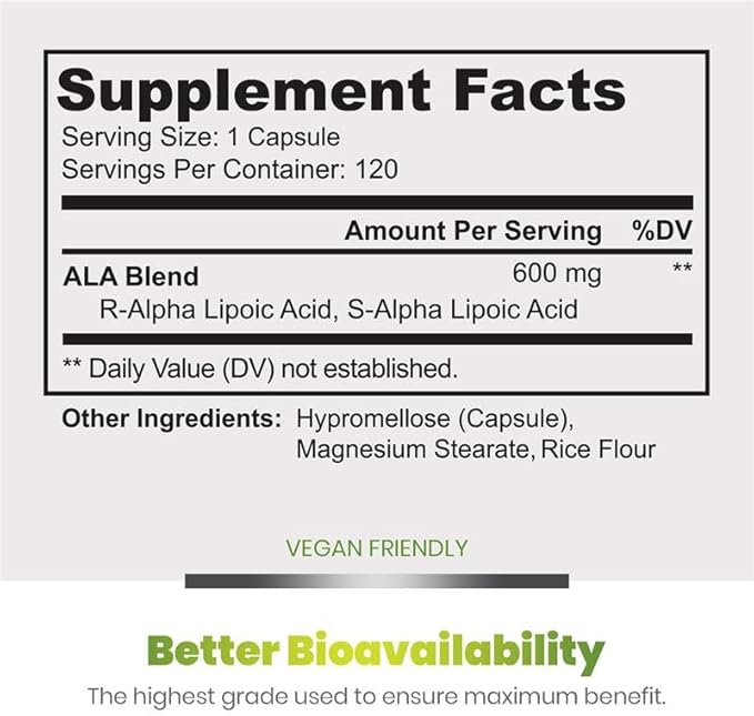 Simply Natures Pure Alpha Lipoic Acid 600mg 120 Veggie Capsules Non-GMO Thioctic Acid 4 Month Supply