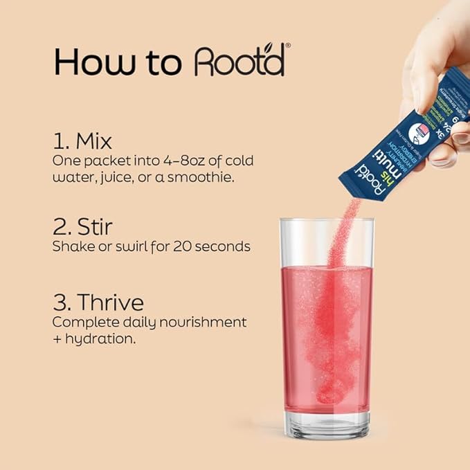 Root'd Multivitamin Powder for Men - 24 Vitamins &amp Minerals with 3X Electrolytes 9 Organic Superfoods Probiotics &amp Enzymes Sugar-Free Multivitamin &amp Hydration | 30 Vitamin Drink Mix Pac