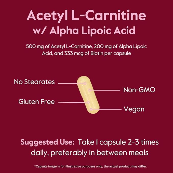 BESTVITE Acetyl L-Carnitine 500mg &amp Alpha Lipoic Acid 200mg per Capsule with Biotin (120 Vegetarian Capsules) - No Stearates - Vegan - Non GMO - Gluten Free