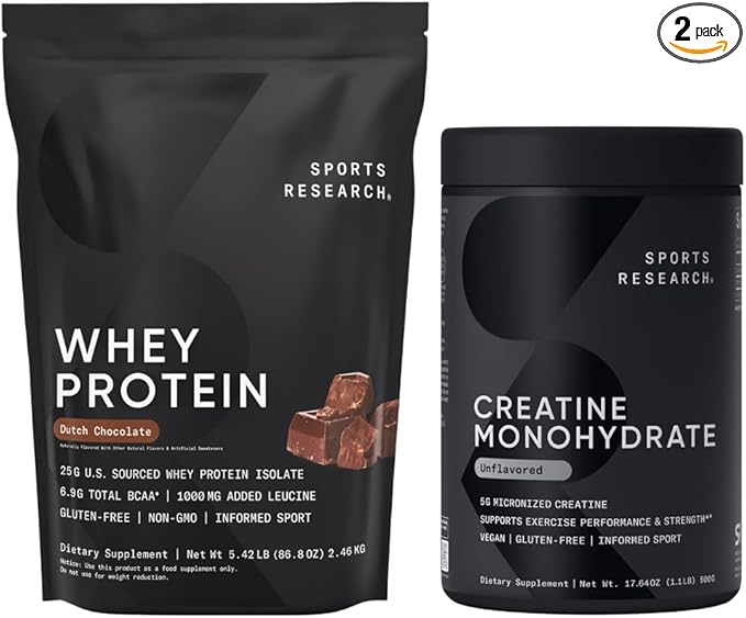 Sports Research Creatine Monohydrate (1.1 LBS) and Dutch Chocolate Whey Protein (5.42 LBS) The Dynamic Duo for Lean Muscle Building Improved Performance and Strength &amp Workout Recovery