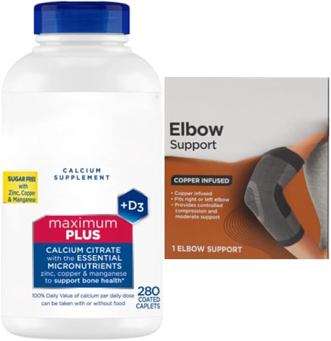 Calcium Supplement Maximum Plus Calcium Citrate + D3 280 Caplets + Bonus 1 Elbow Support