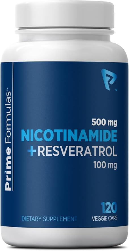 Nicotinamide 500 mg with Resveratrol 100 mg 120 Veggie Capsules - Non-GMO Vitamin B3 Supports Metabolic Health NAD+ Skin Cell &amp Mitochondrial Energy Production. Made in USA for Men and Women