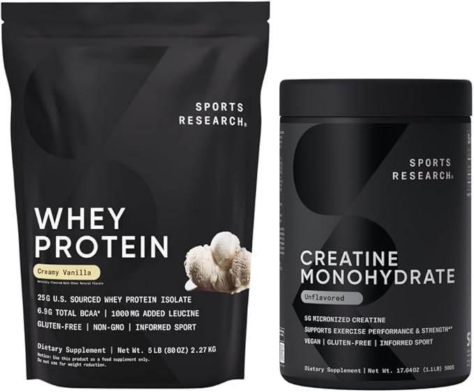Sports Research Creatine Monohydrate (100 Servings) &amp Vanilla Whey Protein (63 Servings) The Dynamic Duo for Lean Muscle Building Improved Performance Strength &amp Workout Recovery - Sports N