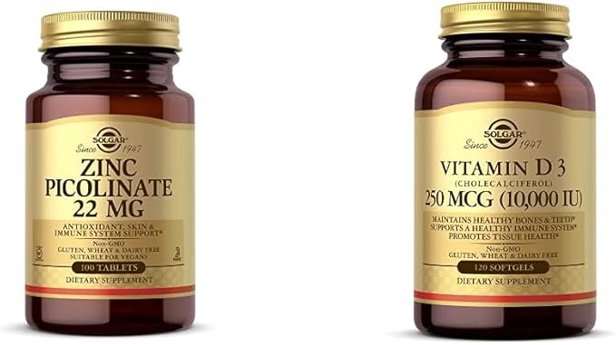 Solgar Zinc Picolinate 22 mg 100 Tablets - Promotes Healthy Skin - Supports Immune System Normal T with Vitamin D3 (Cholecalciferol) 250 MCG (10000 IU) 120 Softgels - Helps Maintain Healthy Bones