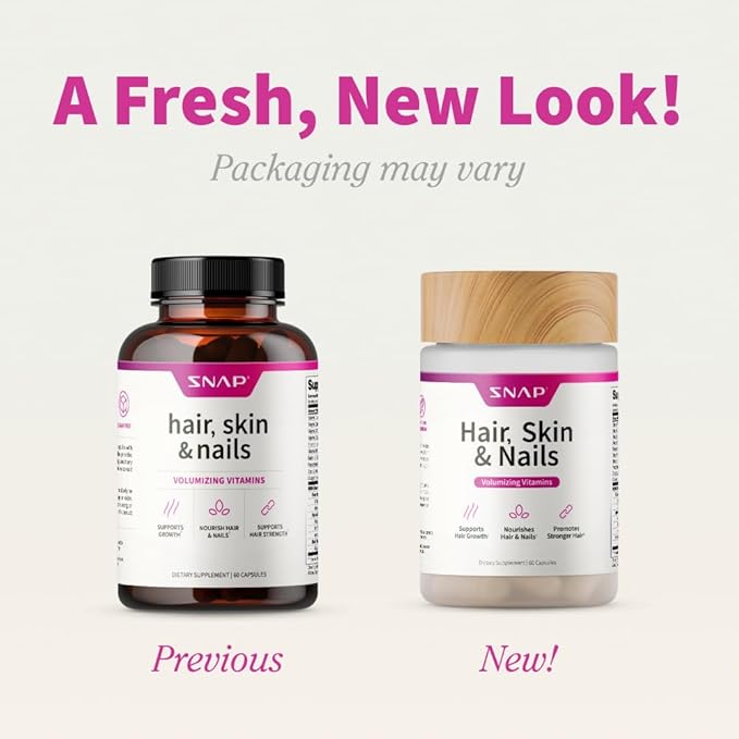 Snap Supplements Hair Skin and Nails Vitamins Support Hair Growth Nourish Skin and Nails with Biotin Collagen Kelp Bamboo and Other Vitamins Radiant Skin Strong Hair and Nails 60 Capsules