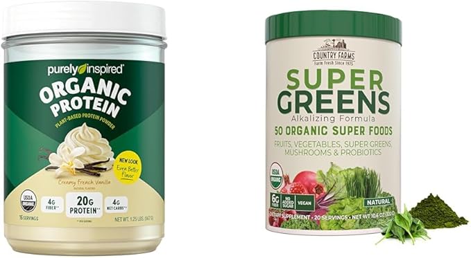 Purely Inspired Plant Based Organic Vegan Protein Powder for Women &amp Men 22g of Plant Protein Pea &amp Country Farms Super Greens Powder Natural Flavor 50 Organic Super Foods USDA Organic Drink