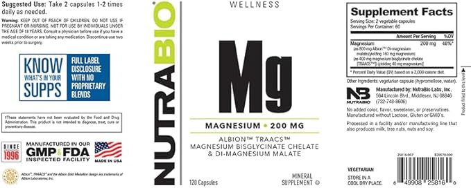 NutraBio Magnesium Supplement Magnesium Glycinate for Sleep Biglycinate D-Magnesium Malate Muscle &amp Nerve Support for Men and Women 120 Vegetable Capsules