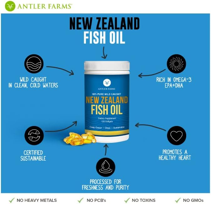 Antler Farms - 100% Pure Wild Caught New Zealand Fish Oil from Deep Ocean Cold Water Fish 120 Softgels - Clean Fresh Omega-3 EPA + DHA Supplement Keto Friendly Super Clean