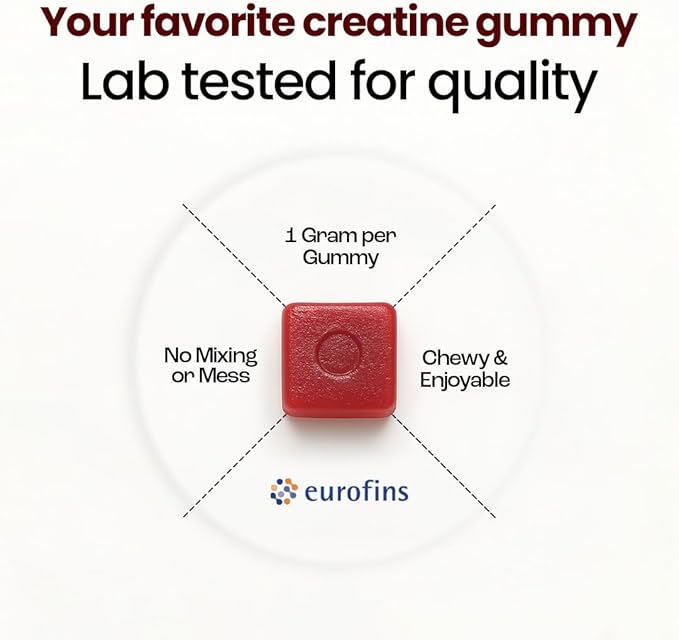 Creatine Monohydrate Gummies - Supports Muscle Growth Recovery &amp Brain Function - Convenient &amp Easy to Take - Great Tasting Watermelon Flavor - 1g per Gummy Low Sugar - 90 Count
