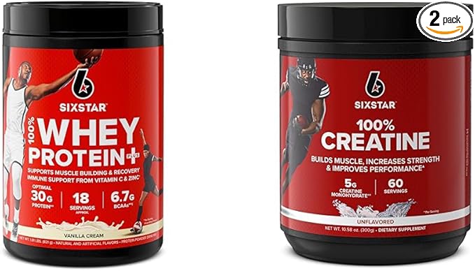 Six Star Whey Protein Plus &amp Creatine Monohydrate Powder Bundle | Vanilla Whey Protein Isolate 1.8 lbs &amp Unflavored Creatine 60 Servings