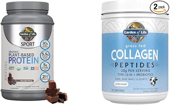 Garden of Life Organic Vegan Sport Protein Powder &amp Collagen Peptides Grass Fed 19.75 Ounce