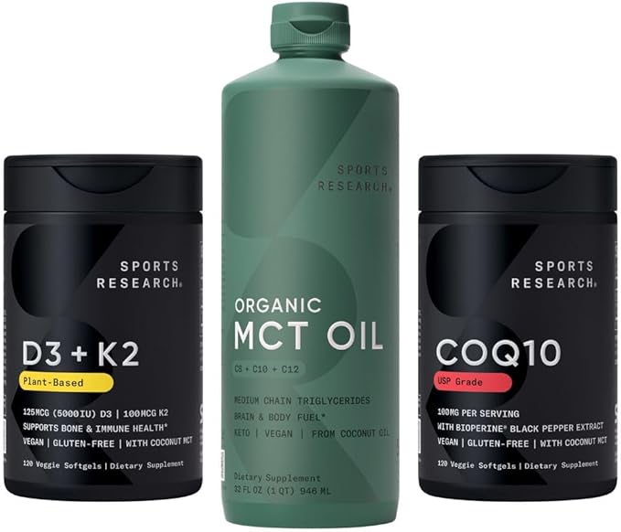 Sports Research® Vegan Supplements Pack - Vegan D3 + K2 + Organic MCT Oil + CoQ10