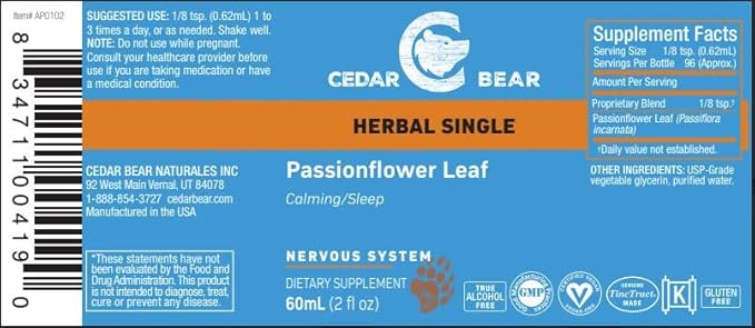 Cedar Bear Passionflower Leaf (Passiflora incarnata) for Stress Nervous System &amp Sleep Support 2 Fl Oz