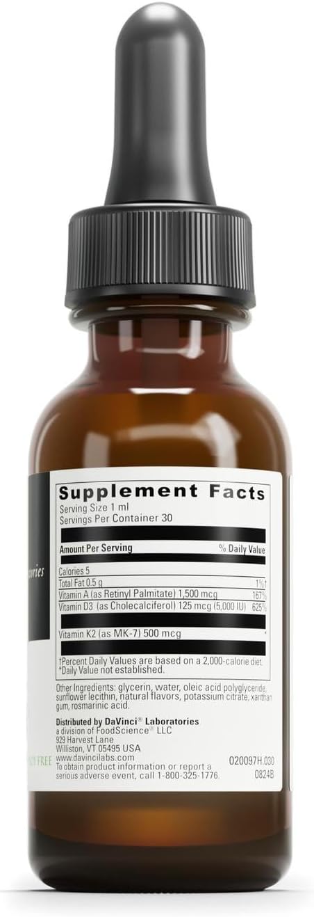 DAVINCI Labs Liposomal ADK - Liquid Dietary Supplement to Support Immune System Bone and Heart Health* - with Vitamin A Vitamin D3 and Vitamin K2 - Gluten-Free - Vegetarian - 30 ml
