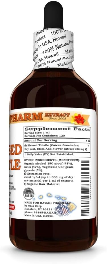 Blessed Thistle (Cnicus Benedictus) Dry Leaf Stem and Flower Tincture Made in Hawaii Raw Materials All Natural Vegan Pure Liquid Extract - 4 fl.oz