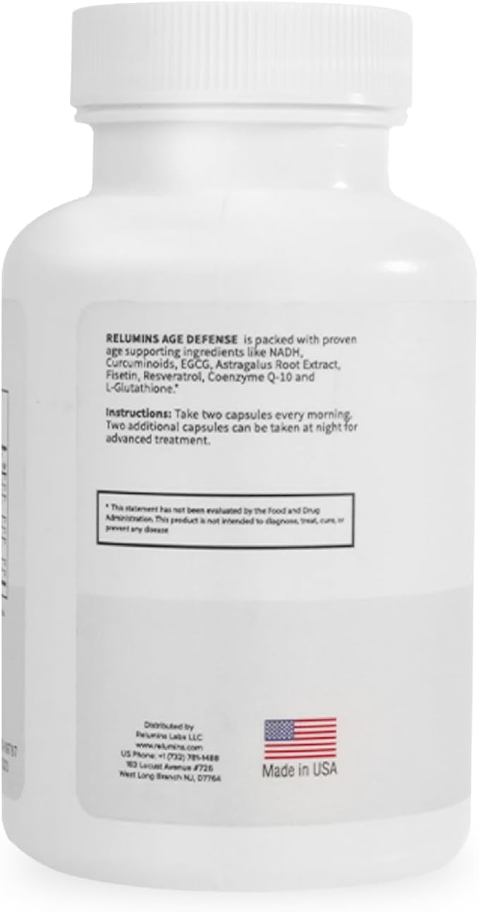 Relumins Age Defense NAD+ Supplement with NADH CoQ10 Glutathione Resveratrol Fisetin Curcumin &amp EGCG - Antioxidant Support Supplement – 60 Vegan Capsules