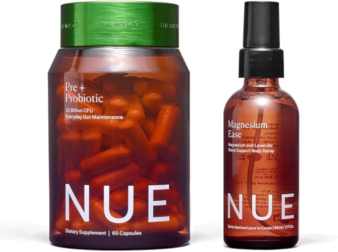 The Nue Co. Prebiotic+ Probiotic Supplement &amp Magnesium Ease Bundle - Supports Digestive Health Gut Balance &amp Immunity - Relieves Muscle Tension &amp Promotes Relaxation | Capsules &amp Spr