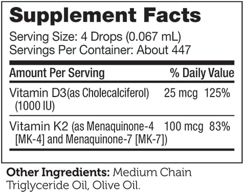 Zahler Vitamin D3 K2 Drops Liquid D3 with K2 1000IU of Vitamin D and 1000mcg of K2 per Serving Supports Bone Density and Calcium Absoprtion 1Fl Oz.