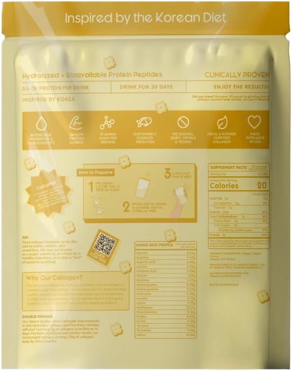 Crushed Tonic Marine Collagen Powder Korean Beauty Drink with Hydrolyzed Collagen Peptides for Skin Hair &amp Nails | Gluten-Free Halal &amp Kosher (Organic Lucuma 60 Servings (300 g) Pouch)