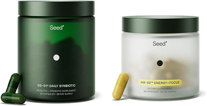 Seed DS-01 Daily Synbiotic &amp AM-02 Energy + Focus Bundle - Probiotic and Nootroptic Supplment for Women and Men - Vegan - 30-Day Supply