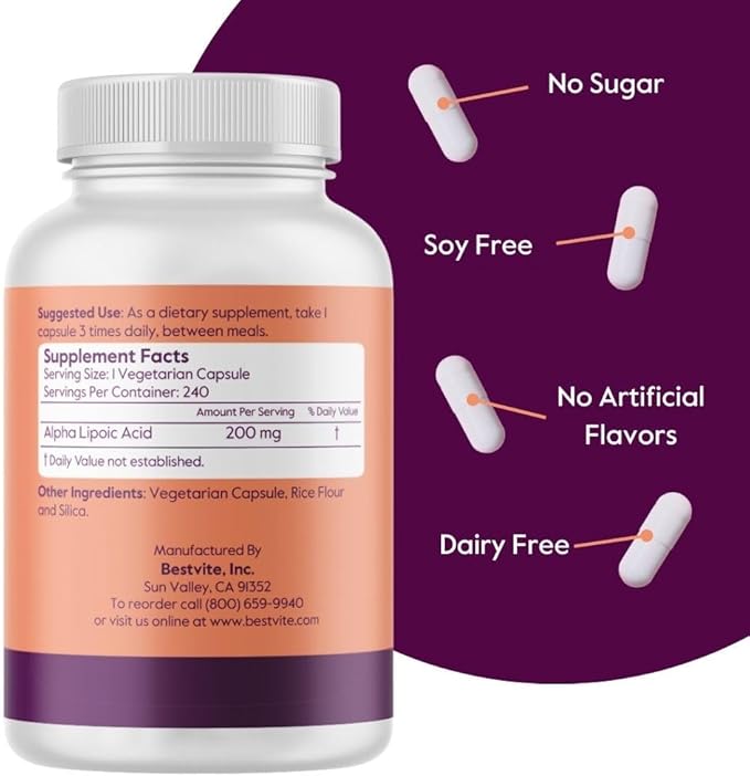 BESTVITE Alpha Lipoic Acid 200mg (per Capsule) (240 Vegetarian Capsules) - No Stearates - Vegan - Gluten Free - Non GMO