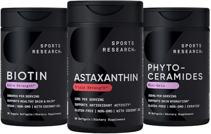 Sports Research® Healthy Skin and Hair Support - Vegan Biotin 10000mcg with Coconut Oil Triple Strength Astaxanthin 12mg and Phytoceramides 350mg per Softgel · Non-GMO · Vegan · Gluten-Free