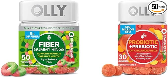 OLLY Fiber Gummy Rings 5g Prebiotic Fiber FOS (Fructo-oligosaccharides) Digestive Support &amp Probiotic + Prebiotic Gummy Digestive Support and Gut Health 500 Million CFUs Fiber