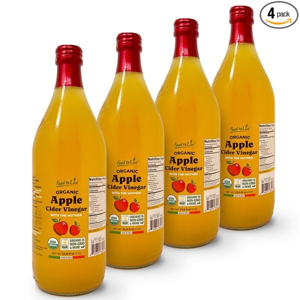 Food To Live Organic Apple Cider Vinegar 1 L – Raw Italian Natural Vinegar with the Mother Unfiltered Unpasteurized Non-GMO Vegan Glass Bottle (Pack of 4)