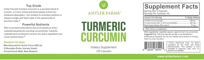 Antler Farms – 100% Pure Turmeric Curcumin 130 Capsules 95% Curcuminoids &amp Black Pepper Extract Enhanced Absorption – Vegan Non GMO No Gluten Soy or Dairy