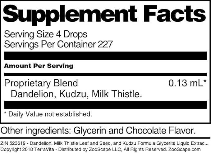 Terravita Dandelion Milk Thistle Leaf and Seed and Kudzu Formula Glycerite Liquid Extract (1:5) - Chocolate Flavored (1 oz ZIN: 523619)